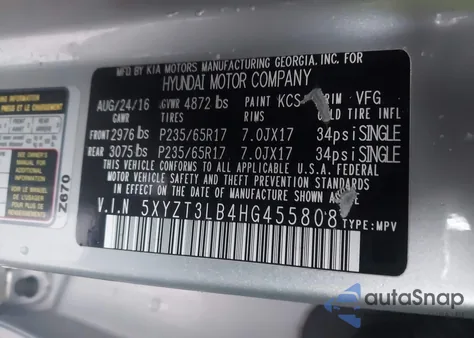 2017 Hyundai Santa Fe Sport 2.4L from USA, damaged, VIN 5XYZT3LB4HG455808